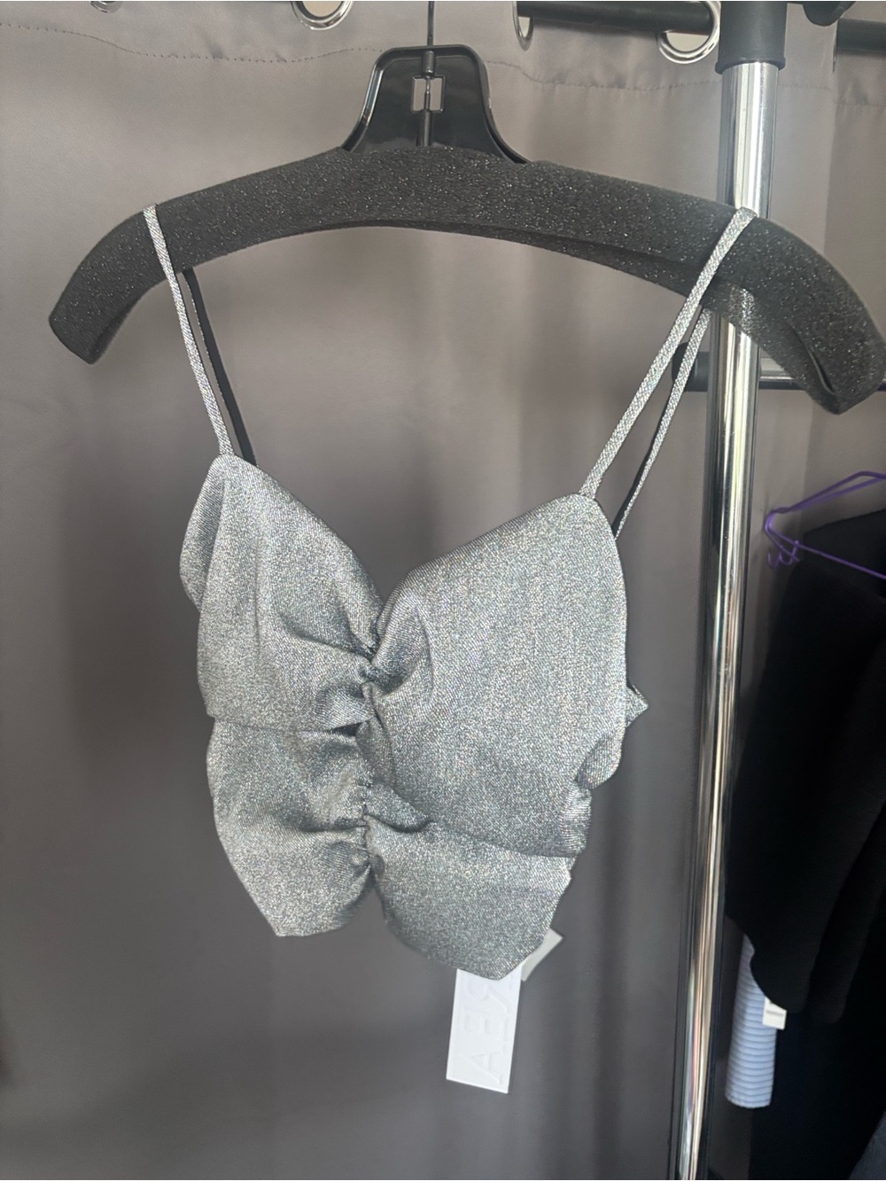 AREA Silver Shimmer Ruched Bow Front Crop Top